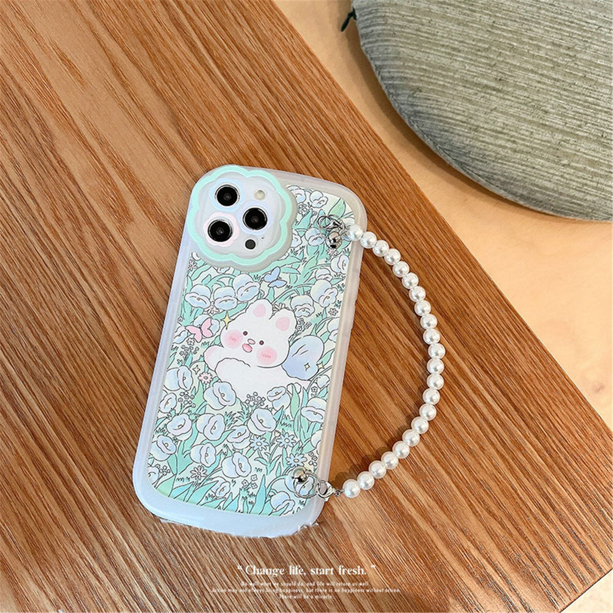 Cute Bear Bunny Rabbit Flower Pearl Bracelet Chain Phone Case For iPhone 13 12 11 Pro XS Max X XR 7 8 Plus Kawaii Soft Cover