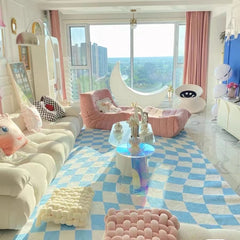 Yickyue Checkerboard Carpets for Living Room Girl Ins Style Bedroom Bedside Carpet Large Area Lattice Floor Mat Fluffy Soft Lounge Rug