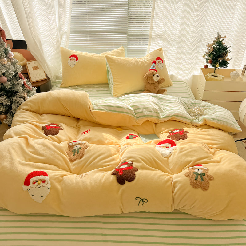 YICKYUE  -  Brown Cute Christmas Bear Embroidery Bedding Set Single Double Queen Size Duvet cover Set Bed Sheet Pillowcases Christmas Gifts