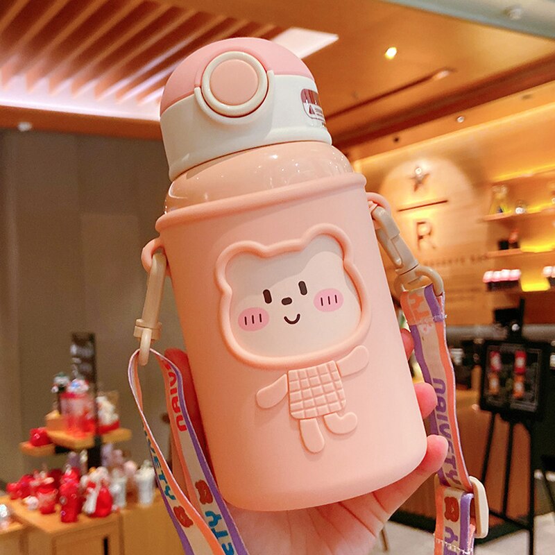 Cute Bear Stainless Steel Insulated Water Bottle Thermos With Strap Straw Cover For Children Girl School Tea Drinking Cup Gift