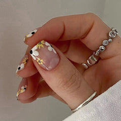 YICKYUE  -  24Pcs Short Square Head Fake Nail with Jelly Glue French Flowers Design False Nails Wearable Ballet Press on Nails Nail Tips