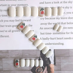 24pcs Fake Short Nails With Glue White Rose With Square Head False Nail Removable Nail Patch Natural False Nails
