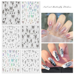 Yickyue Holographic Butterfly Nail Art Stickers Silver Metal Aurora Effect Laser Stars Sliders for Nails 3D Adhesive Decal Manicure