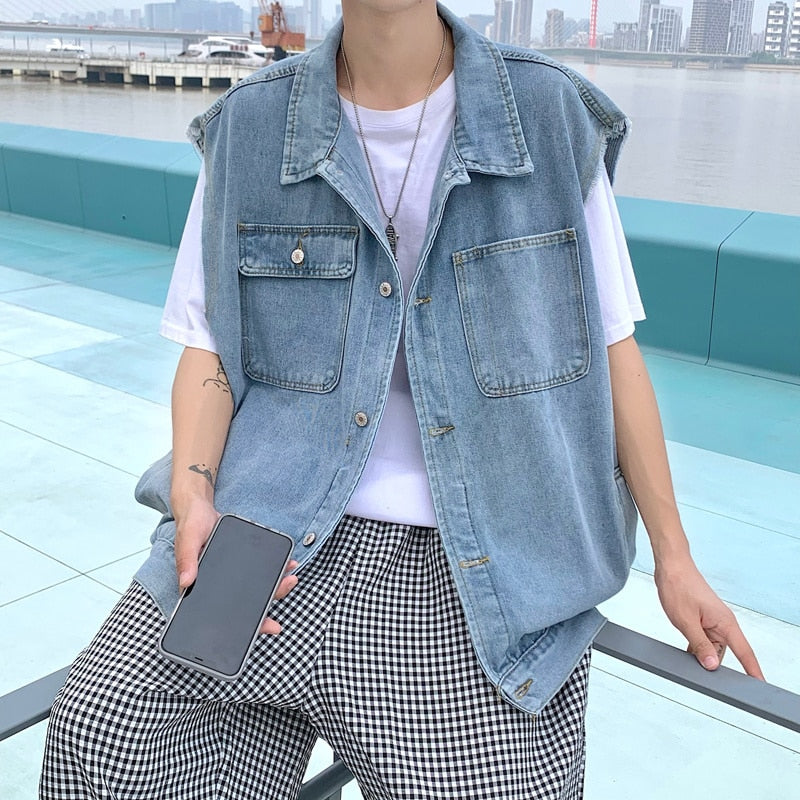YICKYUE  -  Blue Denim Vest Men's Fashion Vintage Pocket Vest Men Japanese Streetwear Hip-hop Loose Sleeveless Jackets Mens Denim Jacket