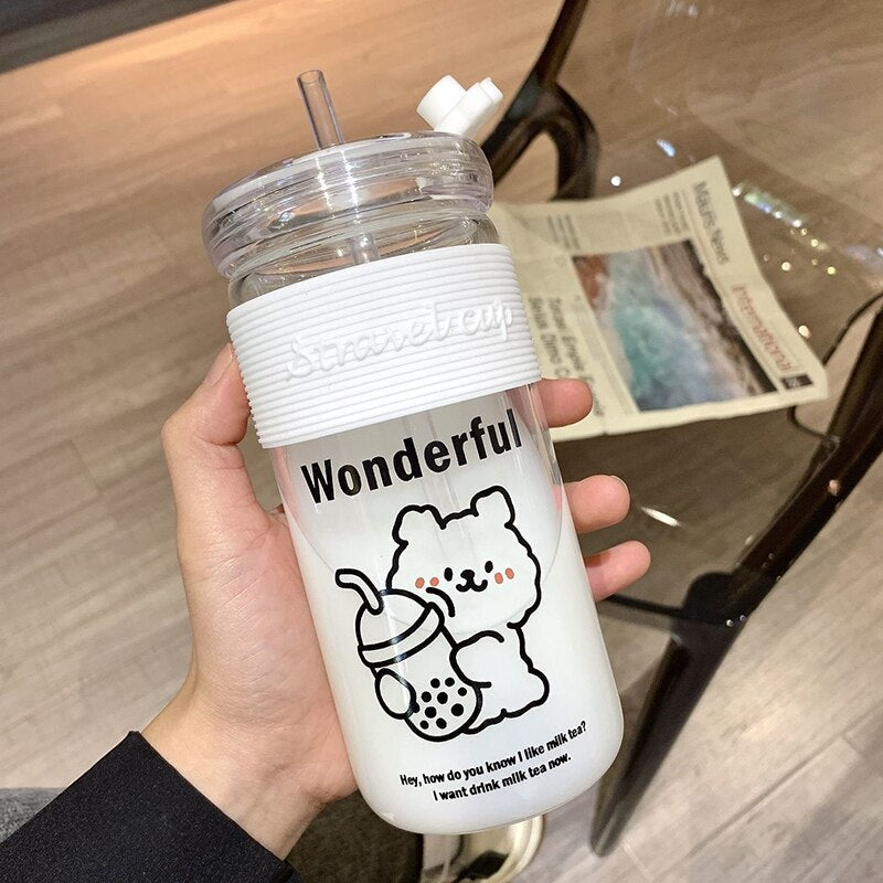 Yickyue 400ml Kawaii Bear Glass Cup With Straw Cute Bear Leak Proof Milk Tea Coffee Water Bottles Transparent Glass Office Cups BPA Free