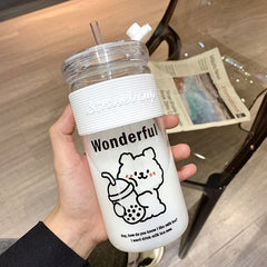 Yickyue 400ml Kawaii Bear Glass Cup With Straw Cute Bear Leak Proof Milk Tea Coffee Water Bottles Transparent Glass Office Cups BPA Free