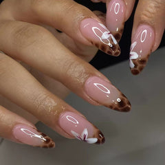 YICKYUE  -  24Pcs Leopard French Press on Fake Nails with Flower Wearable Short  Almond False Nail Simple Unique Acrylic Full Over Nail Tips