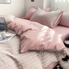 Yickyue Bedding Set Washed Cotton Yarn-dyed Plaid Unprinted Style Four-piece Set Solid Color Double-matching Brushed Quilt Cover Linens
