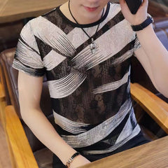 Hearujoy Summer New Men Ice Silk Pattern Print Tshirts Short sleeve Ultra-thin Tee Tops Fashion Sexy Hollow Out Elastic Slim Fit T-shirts