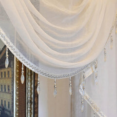 YICKYUE  -  White Linen Valance Curtain Head Luxury Beaded Lace Voile Valance Curtain Wavy Curtain Custom Window Panel Drape for Living Room
