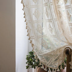 YICKYUE  -  Boho Crochet Curtains For Bedroom Cafe Curtains,Vintage Farmhouse Lace Sheer Tassel Curtains Short Kitchen Bathroom Curtains