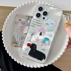 YICKYUE   -  Ins Cute Puppy Kitten Cartoon Phone Case for Iphone 14Pro 13 15Pro 14 15 12 Pro Max Shiny Glacier Summer Blue Check Bow Fundas