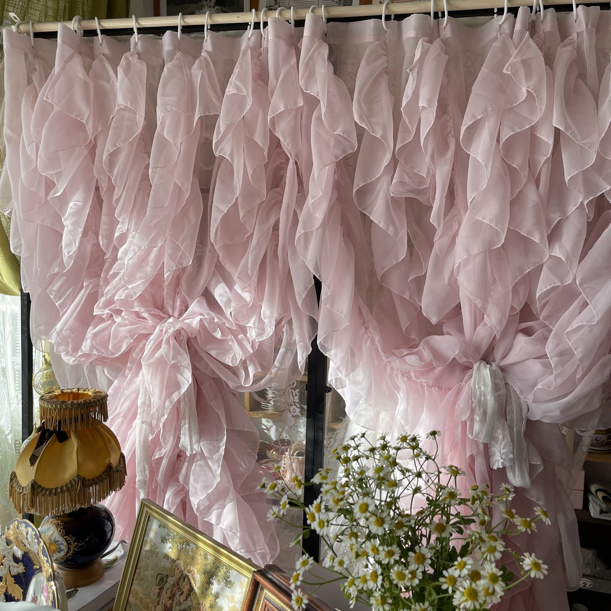 YICKYUE  -  Pink Rococo Style Flounces Curtain Shop Window Decoration Gauze Curtain Multi-Layered Lace Bedside Curtain Bedroom Decor