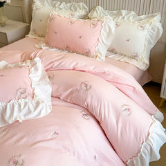 YICKYUE  -  4PCS Elegant Rose Embroidery Girl Bedding Set Lace Duvet Cover Set(1*Duvet Cover + 1*Bed Sheet Or Fitted Sheet + 2*Pillowcase)