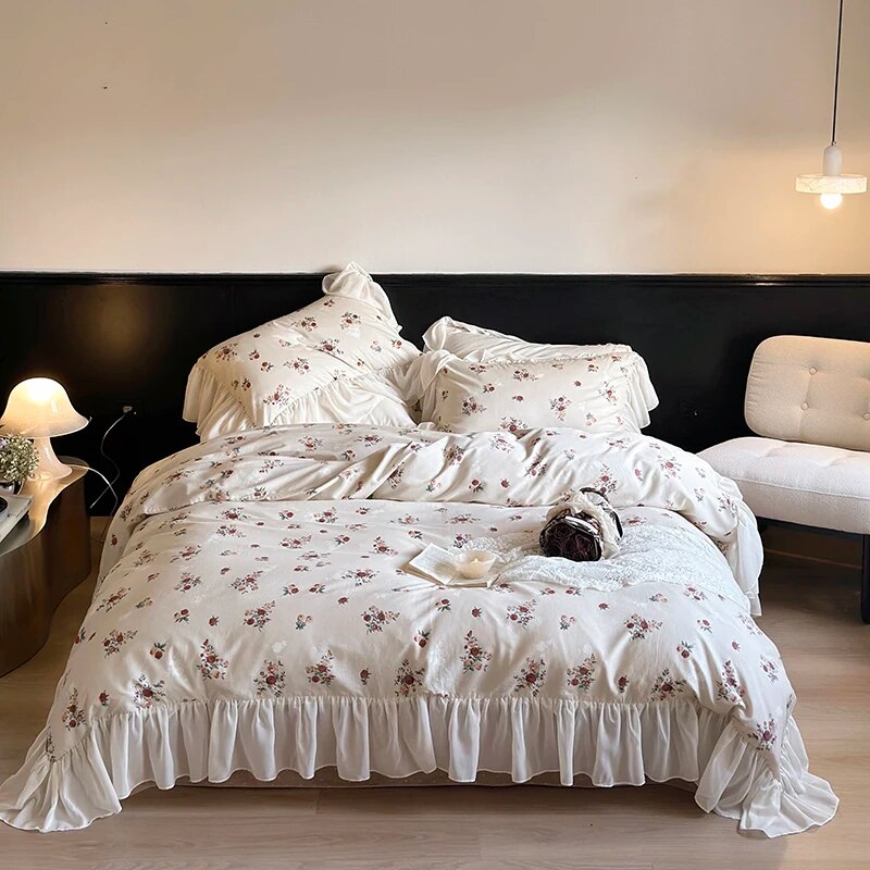 Yickyue 100% Cotton French Romantic Lace Ruffles Vintage Rose Flower Bedding Set Queen King Duvet Cover Flat/Fitted Bed Sheet Pillowcase
