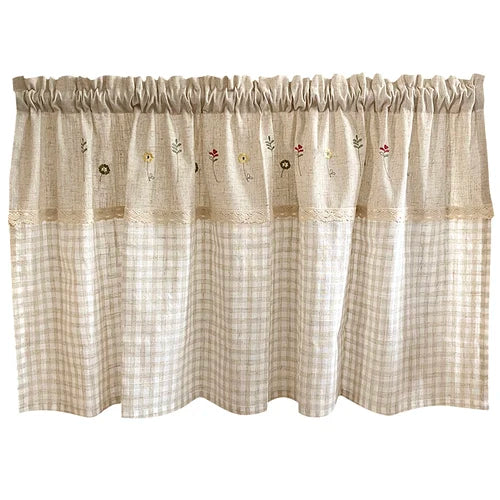 YICKYUE  -  Cotton Blending Kitchen Curtain, Embroidery Flower with Plaid Pattern, Cloth Curtain, Room Carbinet, Small Window Decoration