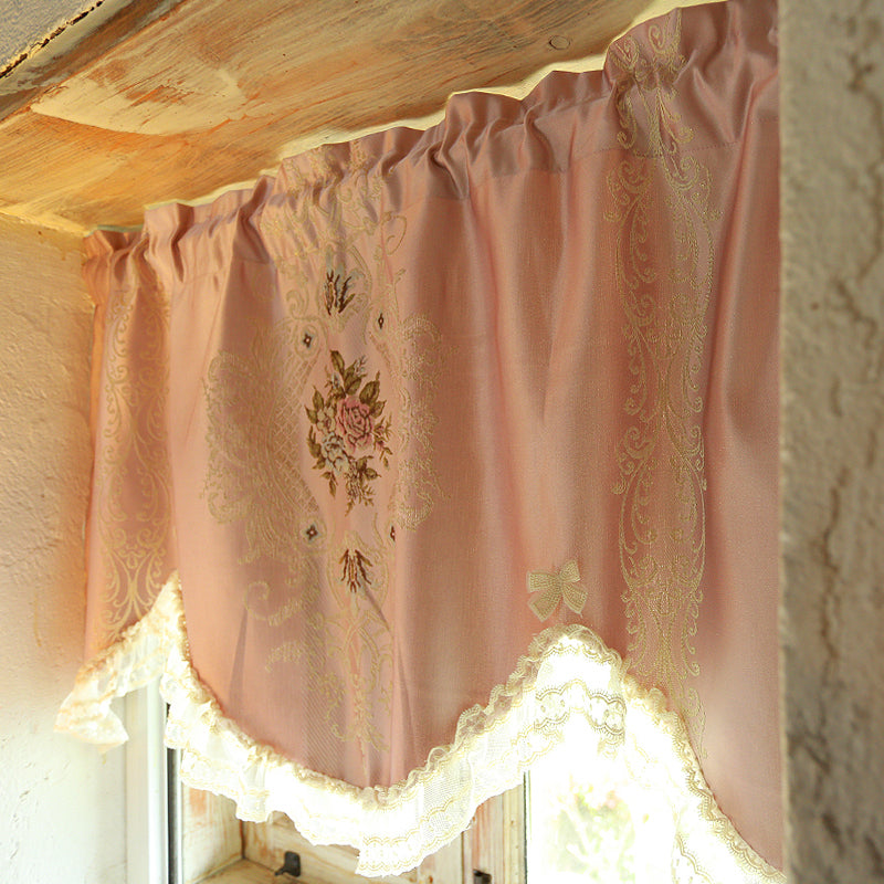 YICKYUE  -  Korean Pink Short Curtain Retro Rose Lace Bow Cotton Window Valance Home Decorative Short Kitchen Curtain Door Half Curtain