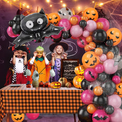 YICKYUE  -  112PCS Halloween Balloon Garland Arch Kit with Black Orange Pumpkin Spider Web Bats Decoration Kids' Birthday Party Supplies