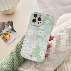 Korea Aesthetic Painting Green Flowers Lambskin Phone Case For iPhone 13 12 11 Pro XS Max  X XR Lovely Soft Silicone Back Cover