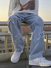 Hearujoy Embroidery Loose Ripped Cotton Blend Jeans, Men's Casual Street Style Distressed Denim Pants For Spring Summer