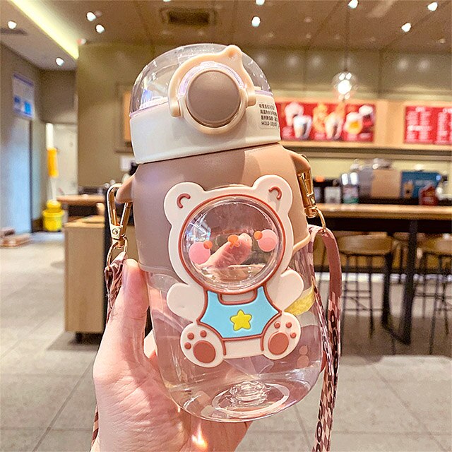 Plastic Portable Water Bottle Large Capacity Plastic Sports Bottle for Coffee Milk Juice with Straw Cartoon Leakproof Tea Cup