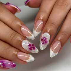 YICKYUE  -  24pcs Long Almond Fake Nails Press On Acyrlic Nails Wearable White French False Nails with 3D Purple Crystal Flower Decoration