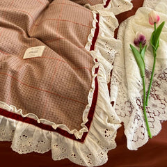 Yickyue Korean Princess Pure Cotton Yarn Bedding Set with Lace Edge Winter Thickened Warm Plaid Ruffled Edge Duvet Cover Sets Soft 4pcs