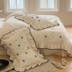 Yickyue Girlish Embroidered Bow Bedding Set 300TC Cotton Queen King Size Lovely Bed Sheet Pillowcase Duvet Cover Set 4pcs with Ruffles