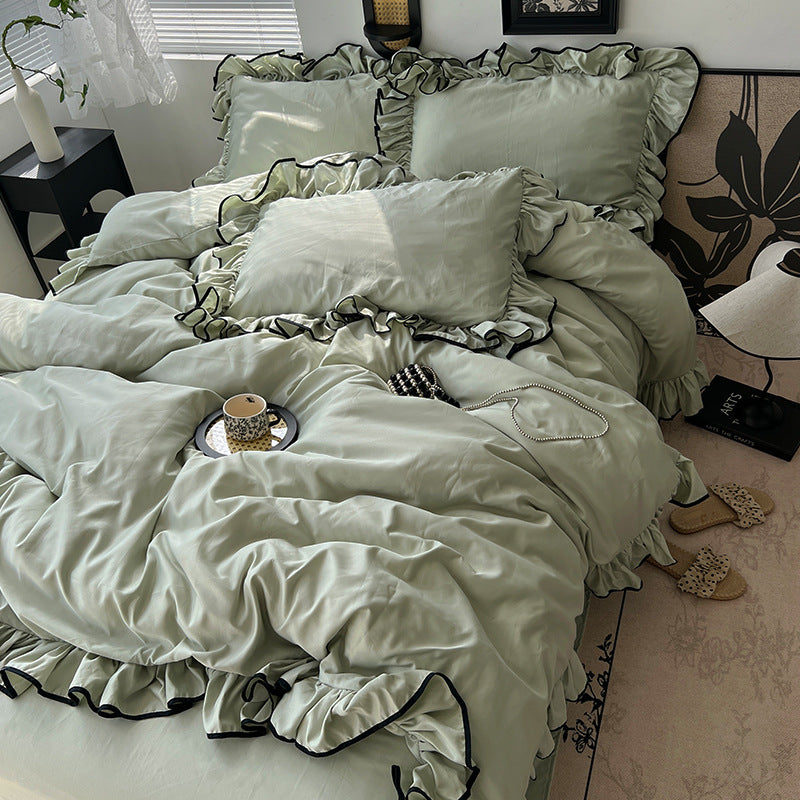 YICKYUE  -  Korean Princess Style Summer Ice Silk Bed Four-piece Set Light Luxury Silk Slide Naked Sleeping Bed Sheet Quilt Cover Washed Silk Cool
