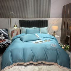 Luxury Satin Silky Embroidery Bedding Set Soft Smooth Double Duvet Cover Set Bed Linen Fitted Sheet Pillowcases Home Textiles