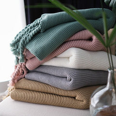 Yickyue Hand Knitted Blanket Throw Frignes Warm Soft Green White Gray Pink Weighted Blanket With Tassel For Bed Fleece Plaid Throws