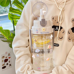 2L Kawaii Water Bottle With Time Marker Straw Plastic Clear Sport Gym Water Jug Gourd Cute Large Portable Drink Bottle BPA Free