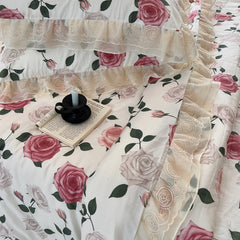 YICKYUE  -  100% Cotton Vintage French Pastoral Style Rose Flowers Double Layer Lace Ruffles Bedding Set Duvet Cover Bed Skirt Pillowcases