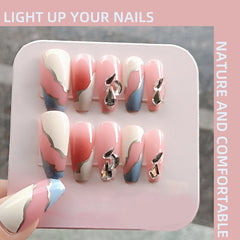 YICKYUE  -  Blue and White Handdrawn Lines Press on Nails Wearable Nail Silver Edge with Diamonds Ninimalist Fake Nail Free Toolkit