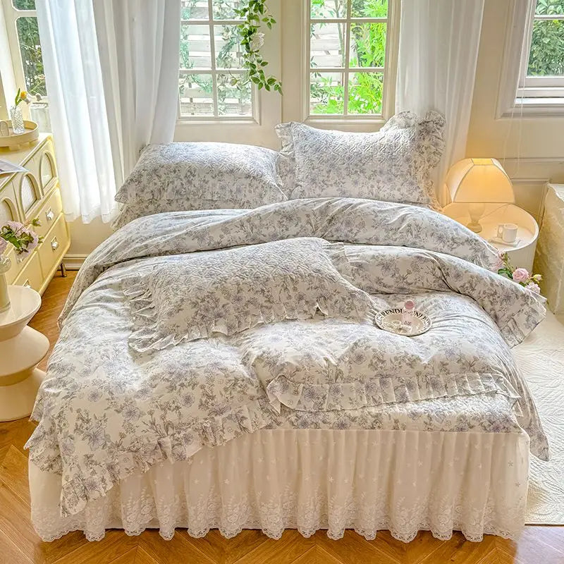 YICKYUE  -  100% Cotton Korean Princess Style Ruffles Flowers Bedding Set Queen King Size Duver Cover Set Quilted Lace Bed Skirt Pillowcases