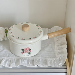 YICKYUE  -  Enamel Milk Pan With Lid Vintage Pink Rose Kitchen Pots Offers Baby Food Pot Small Noodle Soup Pot Enamel Cookware Utensils