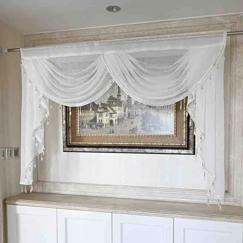 YICKYUE  -  White Linen Valance Curtain Head Luxury Beaded Lace Voile Valance Curtain Wavy Curtain Custom Window Panel Drape for Living Room