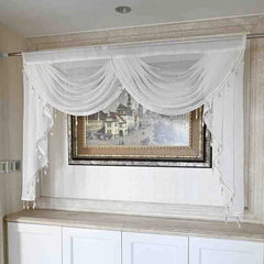 YICKYUE  -  White Linen Valance Curtain Head Luxury Beaded Lace Voile Valance Curtain Wavy Curtain Custom Window Panel Drape for Living Room