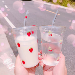 Kawaii Strawberry Glass Cup With Straw Ins Summer Transparent Water Glass Student Straw Cup Cute Breakfast Milk Coffee Cups