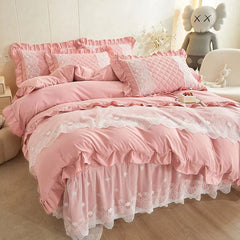 Yickyue Elegant Brushed 4pcs Bedding Set Queen King Size Lace Duvet Cover Set Quilted Bedspread with Ruffle Skirt and 2 Pillow Shams