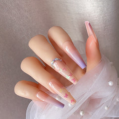 24Pcs Gradient Long Ballet False Nails Butterfly Simple Shiny Rhinestone Pattern Design Wearable Fake Nails Press On Nails 2022