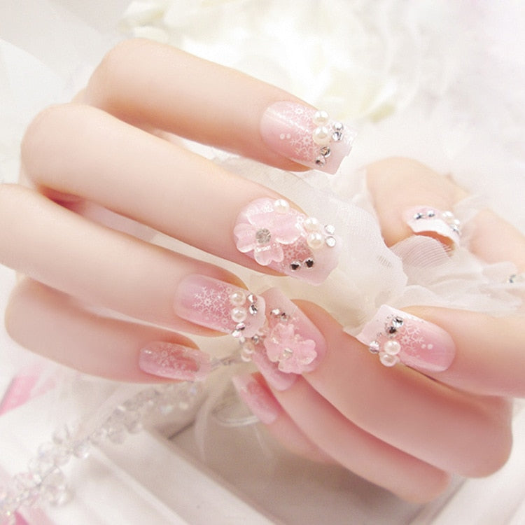 3D Flower Nail Art Fake Nails Pink Rhinestone Matte Ballet Tips Press on False with Glue Coffin Lattice Full Cover Artificial