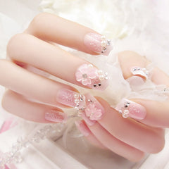3D Flower Nail Art Fake Nails Pink Rhinestone Matte Ballet Tips Press on False with Glue Coffin Lattice Full Cover Artificial