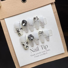 YICKYUE -  Chinese Style False Madehand Nails Bamboo And Jade Mid Long T Wearable Fake Nails Ink Elegant Halo Nail Patch  Nail Accessories