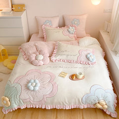Princess Style Winter Thickened Milk Fiber Four-Piece Girl's Heart Three-Dimensional Flower Quilt Cover Coral Fleece Bedding