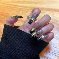 YICKYUE  -  24pcs Long Ballet Coffin Wearable Dark Black Star French False Nails Full Cover Rhinestones Fake Nails Set Press On Nail Tips
