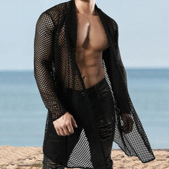 Hearujoy Sexy Hollow Out Loose Cardigan Shawl Mens Spring Summer Long Sleeve Beach Shirts Mesh Perspective Long Coat Cloak Streetwear