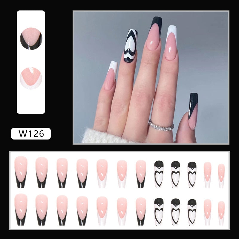 Yickyue 24Pcs/Box Long Coffin Wearable Ballerina Fake Nails Black And White Love Full Cover Nail Tips Set Press On Nails With Designs
