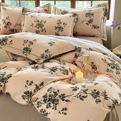 Yickyue Brushed Cotton Chic Floral  Breathable  Duvet Cover Twin Double Queen King 4Pcs 100%Cotton Bedding Set Bed Sheet 2 Pillowcases