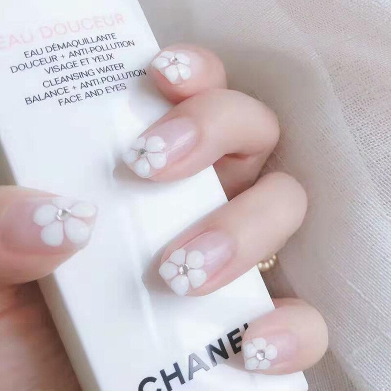 24pcs Pink Transparent Glue False Nails 2022 Flower Design Oval Press On Fake Nails Manually Removable Plastic Nail Art For Girl
